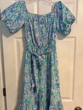 Lilly Pulitzer Pastel Tropical Print Puff Sleeve Maxi Dress
